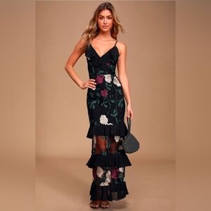 Lulu's True to Heart Black Floral Embroidered Maxi Dress Size S Mermaid Ruffled